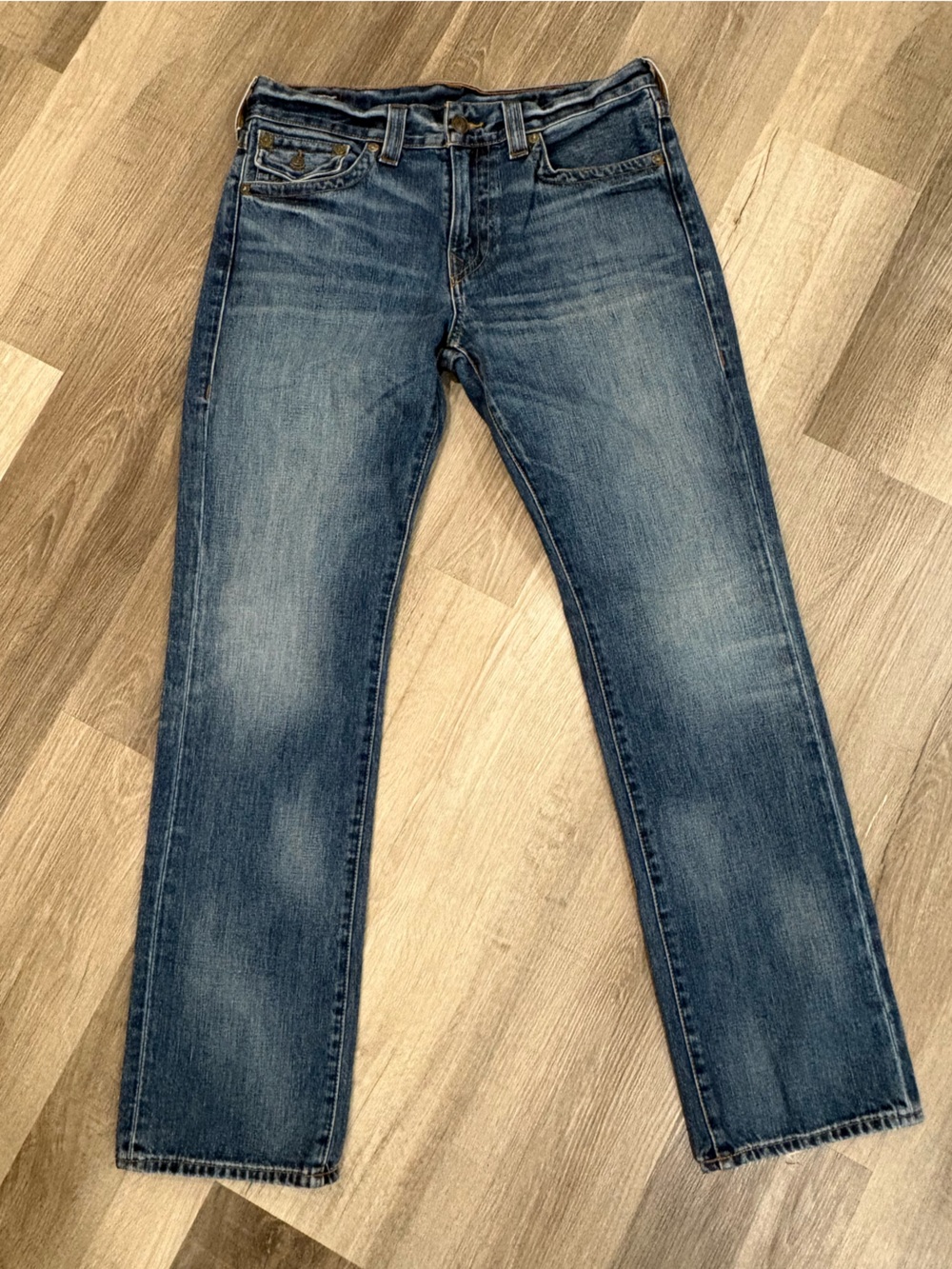 True Religion Men's Jeans Size 33 Ricky Straight Relaxed Style Blue Distressed
